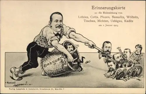 Künstler Ak Langbein, Robert, Dresden, Einbezirkung 1903, Löbtau, Cotta, Plauen, Nausslitz, Wölfnitz