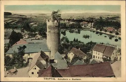 Ak Triptis in Thüringen, Schlossturm mit Stadtteich