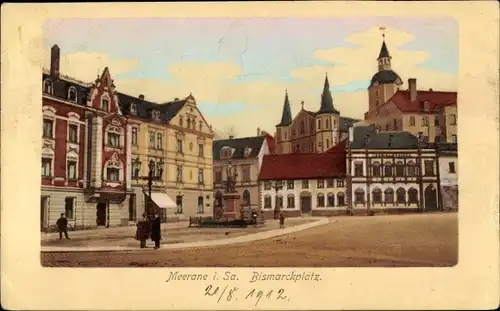 Ak Meerane in Sachsen, Bismarckplatz mit Bismarckdenkmal