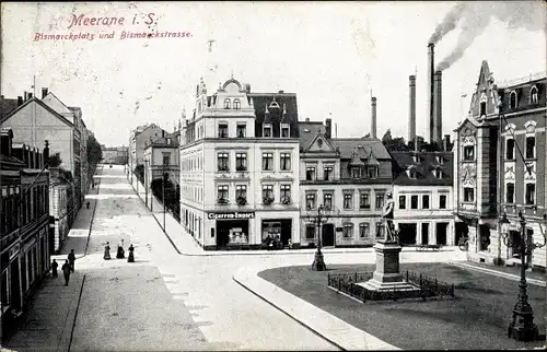 Ak Meerane in Sachsen, Bismarckplatz und Bismarckstraße, Bismarckdenkmal