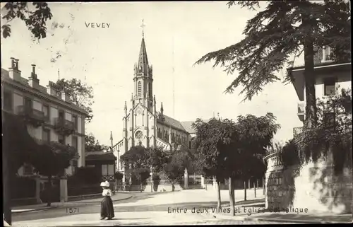 Ak Vevey Kanton Waadt, Entre deux Villes et Eglise Catholique