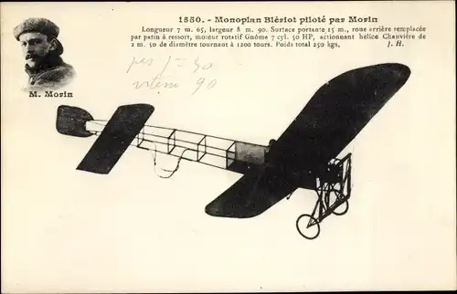 Ak Monoplan Bleriot, pilote par Morin, Flugpionier