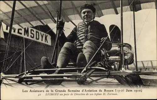 Ak Les Aviateurs de la Grande Semaine d'Aviation de Rouen, Efimoff, biplan Farman
