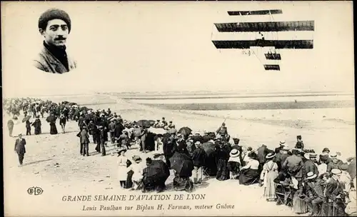 Ak Grande Semaine d'Aviation de Lyon, Louis Paulhan sur Biplan H. Farman