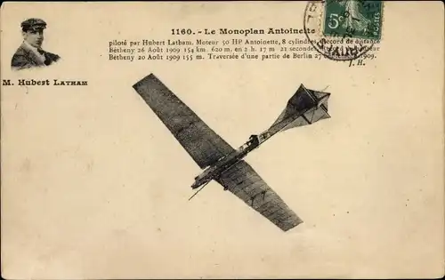 Ak Monoplan Antoinette, pilote par Hubert Latham, Flugpionier