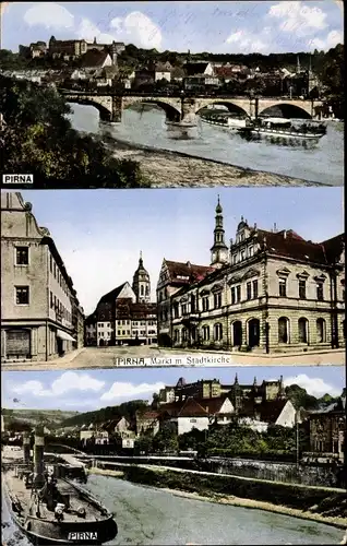 Ak Pirna an der Elbe, Markt mit Stadtkirche, Brücke