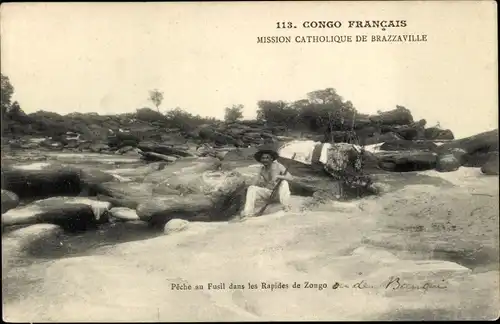 Ak Brazzaville Französisch Kongo, Mission Catholique, Peche au Fusil dans les Rapides de Zongo