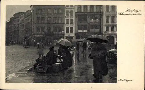 Ak Hamburg, Hamburger Schmuddelwetter, Passanten mit Regenschirmen