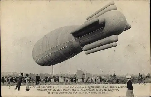 Ak Le Ballon dirigéable Ville de Paris, Henri Deutsch, Surcouf, Französisches Luftschiff
