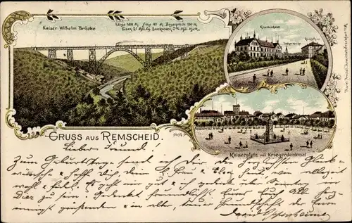 Litho Remscheid Bergisches Land, Kaiser Wilhelm Brücke, Kaiserplatz, Kriegerdenkmal, Krankenhaus