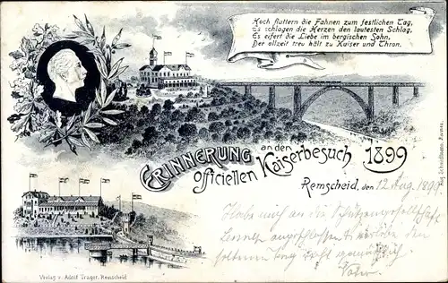 Litho Remscheid Bergisches Land, Kaiser Wilhelm Brücke, Gasthaus, Kaiserportrait