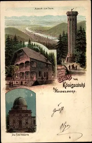 Litho Heidelberg am Neckar, Königsstuhl, Sternwarte, Aussicht