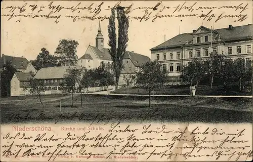 Ak Niederschöna Halsbrücke in Sachsen, Blick nach Kirche und Schule