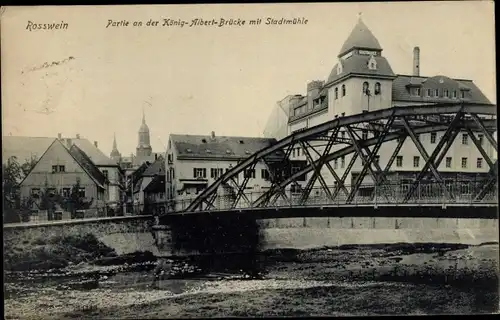 Ak Roßwein im Mittelsächsischen Bergland, König Albert Brücke mit Stadtmühle