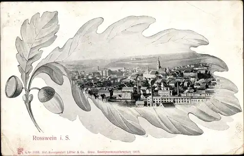 Passepartout Ak Roßwein in Sachsen, Totalansicht, Eichenlaub