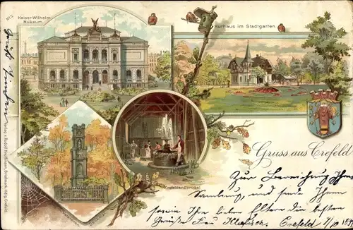 Litho Krefeld am Niederrhein, Kaiser Wilhelm Museum, Denkmal, Kurhaus im Stadtgarten, Sprudel