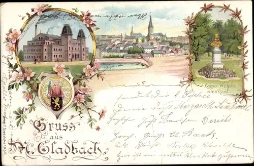 Litho Mönchengladbach im Ruhrgebiet, Kaiserbad, Kaiser Wilhelm Denkmal