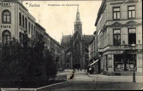 Ak Aachen in Nordrhein Westfalen, Mittelstraße mit Marienkirche, Zigarren-Filiale