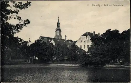 Ak Pulsnitz in Sachsen, Teich mit Herrenhaus