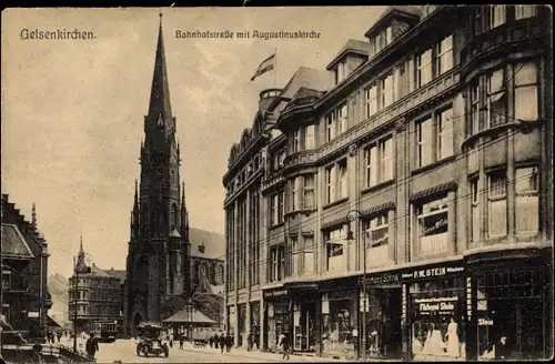 Ak Gelsenkirchen im Ruhrgebiet, Bahnhofstraße, Augustinerkirche, Färberei Stein