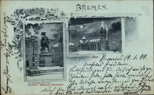 Mondschein Ak Hansestadt Bremen, Gustav-Adolph-Denkmal, Dom