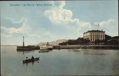 Ak Neuchâtel Neuenburg Stadt, Le Port et l'Hotel Bellevue, Dampfer