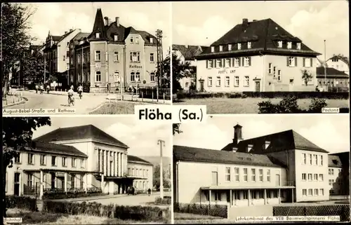 Ak Flöha Sachsen, August Bebel Straße, Rathaus, Postamt, Bahnhof, Lehrkombinat VEB Baumwollspinnerei