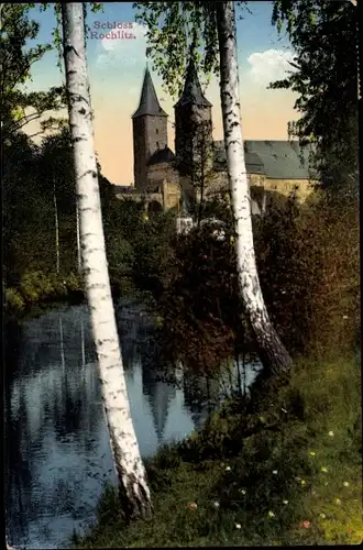 Ak Rochlitz Sachsen, Partie am Teich mit Blick aufs Schloss