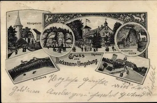 Litho Bockenem am Harz, Jägerhaus, Hubertushöhle, Woldenberg, Schildburg, Königsturm