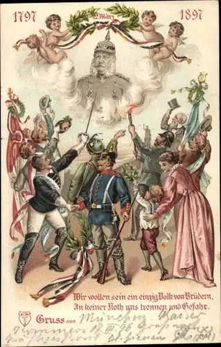 Litho Kaiser Wilhelm I., 100jh Jubiläum 1897, Ein einzig Volk von Brüdern