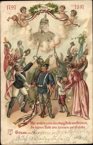 Litho Kaiser Wilhelm I., 100jh Jubiläum 1897, Ein einzig Volk von Brüdern