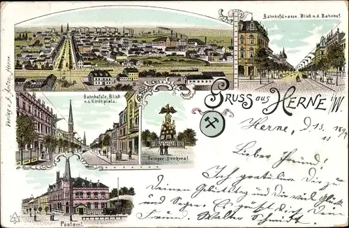 Litho Herne im Ruhrgebiet, Bahnhofstraße, Bahnhof, Postamt, Kriegerdenkmal