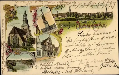 Litho Quakenbrück in Niedersachsen, St. Sylvester Kirche, Siegesdenkmal, Altes Haus, Überfall
