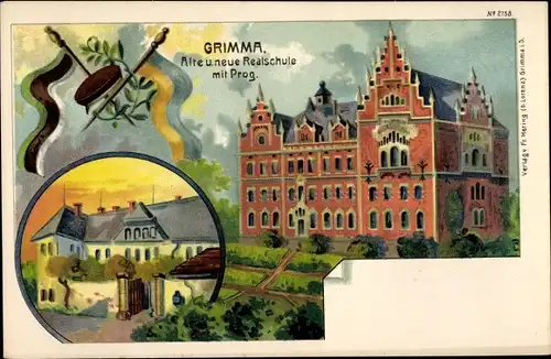 Litho Grimma in Sachsen, Alte und neue Realschule mit Prog., Nr. 2158