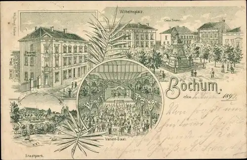 Litho Bochum im Ruhrgebiet, Wilhelmsplatz, Stadtpark, Varieté Saal, Central Theater