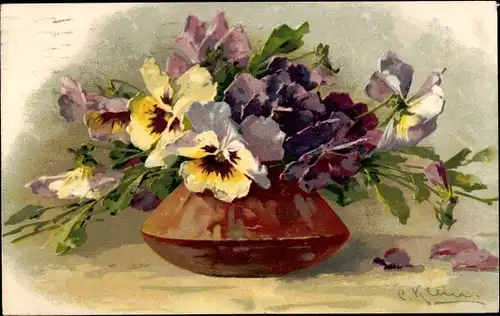 Künstler Ak Klein, Catharina, Stiefmütterchen in einer Blumenvase