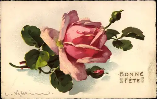 Künstler Ak Klein, Catharina, Rosa Rose, Glückwunsch Bonne Fete