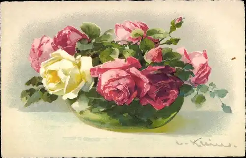 Künstler Ak Klein, Catharina, Rosen in Glasblumenschale