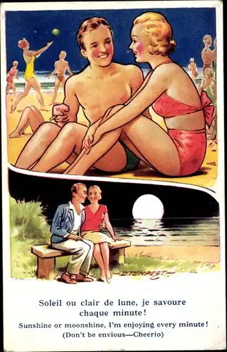 Künstler Ak Liebespaar am Strand, Treffen beim Sonnenschein, Soleil ou clair de lune...
