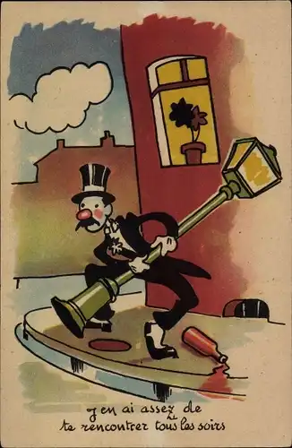 Ak Betrunkener Mann geht mit Straßenlampe nach Hause, Weinflasche