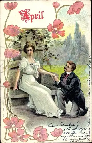 Präge Litho Mann kniet vor seiner geliebten Frau, Liebespaar, April, Mohn