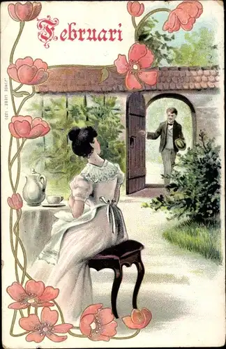 Präge Litho Mohnblüten, Frau am Tisch im Garten, Liebespaar