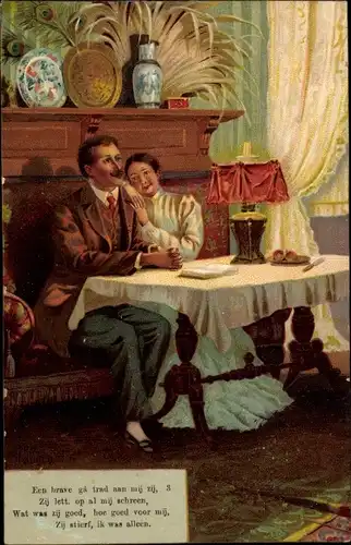 Litho Liebespaar, Wohnstube, Tisch, Een brave ga trad aan mij zij...