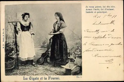 Ak La Cigale et la Fourmi, Frauen, Gespräch, Gitarre, Je vous pairai, lui dit elle...