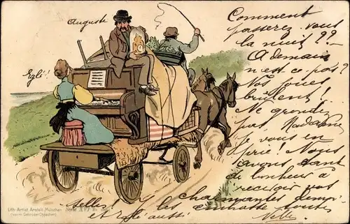 Litho Fuhrwerk, Frau spielt Klavier, Pferde, Ausflug
