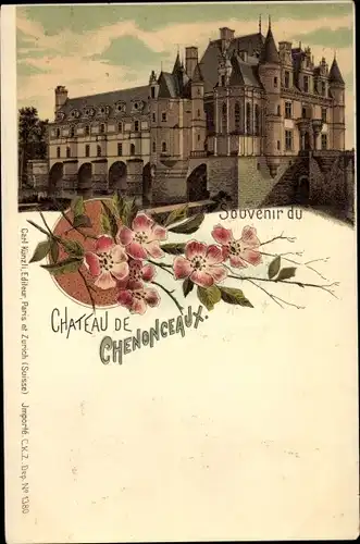 Litho Chenonceaux Indre et Loire, Schloss, Blumen