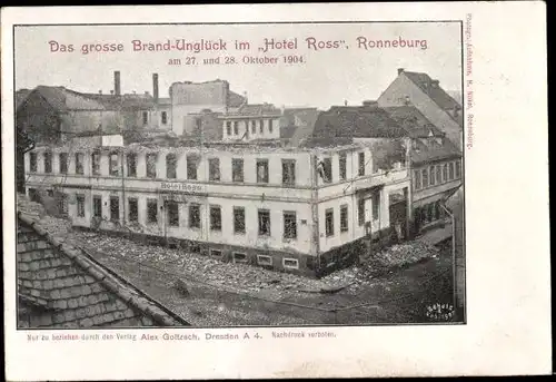Ak Ronneburg Thüringen, Großes Brandunglück im Hotel Ross, Oktober 1904