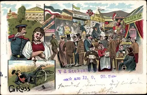 Litho Volksfest, Festplatz, Attraktionen, Menagerie, Zirkus, Riesendame, gestürzter Radfahrer