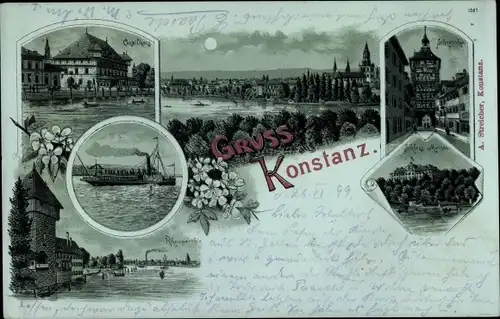 Mondschein Litho Konstanz am Bodensee, Schloss Mainau, Konzilhaus, Rheinpartie, Blick auf den Ort