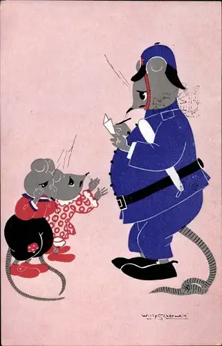 Künstler Ak Schermele, Willy, Vermenschlichte Mäuse, Polizist, weinendes Paar